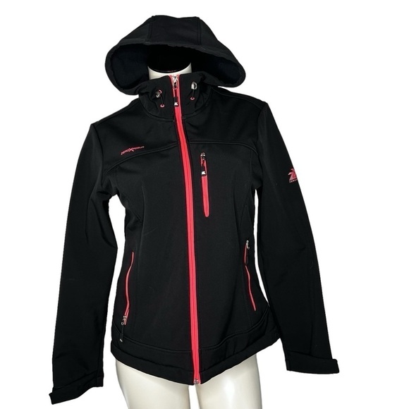 ZEROXPOSUR Black Soft Shell Hooded Windbreaker Jacket Orange Zippers Women's M - Picture 1 of 16